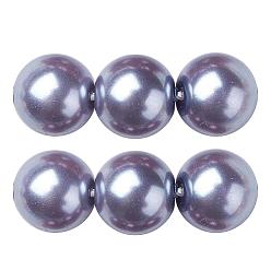 Slate Blue Eco-Friendly Glass Pearl Beads Strands, Grade A, Round, Dyed, Cotton Cord Threaded, Slate Blue, 14mm, Hole: 1.2~1.5mm, about 30pcs/strand, 15.7 inch