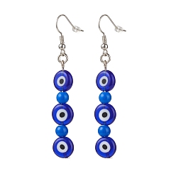Blue Lampwork Evil Eye & Acrylic Beaded Dangle Earrings, Brass Jewelry for Women, Blue, 65mm, Pin: 0.7mm