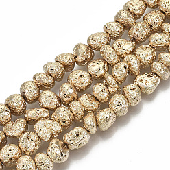 Light Gold Plated Electroplated Natural Lava Rock Beads Strands, Nuggets, Light Gold Plated, 6~10x6~10x5~8mm, Hole: 1mm, about 52~54pcs/strand, 14.17 inch~14.96 inch(36~38cm)
