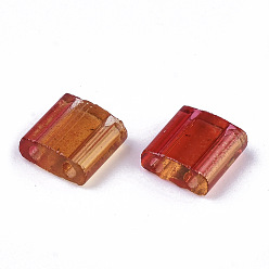 Rouge Orange 2 trous perles de rocaille de verre, peint en aérosol transparent, deux tons, rectangle, rouge-orange, 5x4.5~5.5x2~2.5mm, Trou: 0.5~0.8mm