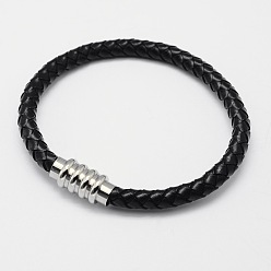 Black Braided Leather Cord Bracelets, with 304 Stainless Steel Magnetic Clasps, Black, 200x6mm