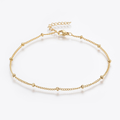Golden 304 Stainless Steel Anklets, with Lobster Claw Clasps, Round Beads and Twist Chain, Golden, 9 inch(230mm), 1.5mm