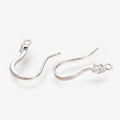 Platinum Brass Cubic Zirconia Earring Hooks, Ear Wire, with Horizontal Loop, Nickel Free, Real Platinum Plated, 16x11x1.5mm, Hole: 1mm, 20 Gauge, Pin: 0.8mm