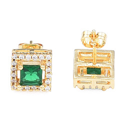 Green Cubic Zirconia Square Stud Earrings, Golden Brass Jewelry for Women, Nickel Free, Green, 9.5x9.5mm, Pin: 0.7mm