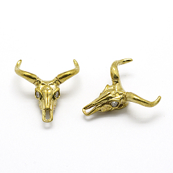 Raw(Unplated) Brass Beads, Cadmium Free & Nickel Free & Lead Free, with Cubic Zirconia, Cattle Skull, Raw(Unplated), 20x18x7mm, Hole: 2mm