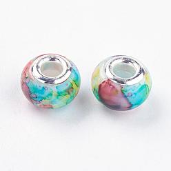 Coloré Perles européennes en verre, Perles avec un grand trou   , avec des noyaux de cuivre, rondelle, colorées, 14~15x10~11mm, Trou: 5mm