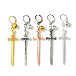 Mixed Color Alloy Sword Big Pendant Decorations, with Iron Bell and Leverback Earring Findings, Mixed Color, 77mm