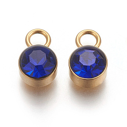 Sapphire Glass Rhinestone Charms, September Birthstone Charms, with Golden Tone 201 Stainless Steel Findings, Flat Round, Sapphire, 10x6x4mm, Hole: 2.3mm