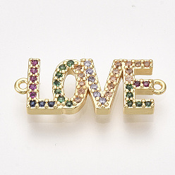 Golden Brass Micro Pave Cubic Zirconia Links, Word Love, Colorful, Golden, 8.5x22x2.5mm, Hole: 0.8mm
