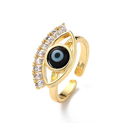 Black Lampwork Evil Eye Open Cuff Ring with Clear Cubic Zirconia, Real 18K Gold Plated Brass Jewelry for Women, Black, Inner Diameter: 17mm