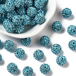 Aigue-marine Perles de boule pave disco , Perles de strass d'argile polymère , ronde, aigue-marine, pp 13 (1.9~2 mm), 6 rangées de strass, 10 mm, Trou: 1.5mm
