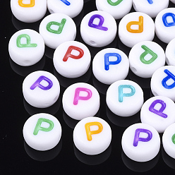 Letter P Perles acryliques initiales, trou horizontal, plat rond, couleur mixte, letter.p, 7x3.5~4mm, Trou: 1.2mm, environ3700 pcs / 500 g