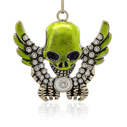 Yellow Green Antique Silver Plated Alloy Enamel Big Pendants, Skull with Wing, Yellow Green, 66x62x9mm, Hole: 4.5mm