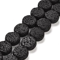 Negro Hebras de cuentas de roca de lava natural, plano y redondo, teñido, negro, 14~14.5x6 mm, agujero: 1.6 mm, sobre 28 unidades / cadena, 15.75 pulgada (40 cm)