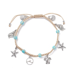 Antique Silver Synthetic Turquoise Braided Bead Anklet, Tortoise & Starfish & Shell Alloy Charm Adjustable Anklet for Women, Antique Silver, Inner Diameter: 2-3/4~3-3/8 inch(6.9~8.6cm)