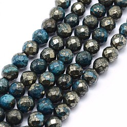 Bleu Ciel Foncé Perles de pyrite naturelle teintées, facette, ronde, bleu profond du ciel, 8mm, Trou: 1mm, Environ 50 pcs/chapelet, 15.7 pouce (40 cm)
