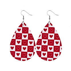 Rectangle Red Imitation Leather Teardrop Dangle Earrings for Valentine's Day, Rectangle Pattern, 80x40mm