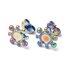 Rainbow Color Ion Plating(IP) 304 Stainless Steel Stud Earring Findings, Sun with Round Tray Earring Settings, with Ear Nuts, Rainbow Color, Tray: 4mm, 10x10mm, Pin: 0.7mm