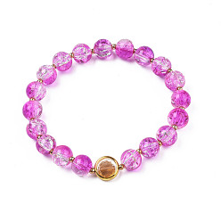 Violet Bracelet extensible en perles de verre rondes avec anneau en laiton plaqué or pour femme, violette, diamètre intérieur: 2 pouce (5 cm)