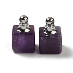 Amethyst Natural Amethyst Perfume Bottle Pendants, Square Charms with Stainless Steel Color Plated 304 Stainless Steel Findings, 19x12x12mm, Hole: 2mm