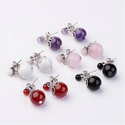 Mixed Stone Dangling Natural Gemstone Ear Studs, with Metal Findings, Platinum, 20mm, Pin: 0.7mm