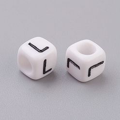 Letter L Perles de lettre de trou horizontal acrylique, cube, blanc, lettre l, taille:  Largeur environ 6mm, Longueur 6mm, hauteur de 6 mm , trou: environ 3.2 mm, environ2600 pcs / 500 g
