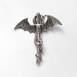 Argent Antique 304 pendentifs en strass en acier inoxydable, épée avec le dragon, argent antique, 45x42x8mm, Trou: 8x3mm