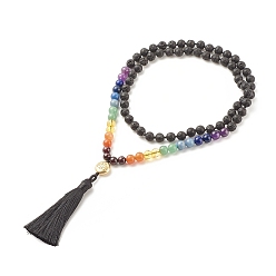 Mixed Stone 7 Chakra Buddhist Necklace, Natural & Synthetic Mixed Gemstone Round Beaded Necklace with Alloy Lotus and Big Tassel for Women, 31.50 inch(80cm)