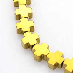 Golden Plated Electroplate Non-magnetic Synthetic Hematite Beads Strands, Cross, Golden Plated, 4x4x2mm, Hole: 0.5mm, about 94pcs/strand, 15.7 inch