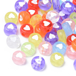Mixed Color Transparent Acrylic Beads, Flat Round with White Heart, Mixed Color, 7x3.5mm, Hole: 1.8mm, about 3700pcs/500g
