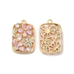 Pink Real 18K Gold Plated Brass Pendant, with Glass, Rectangle with Flower Charms, Pink, 25.5x16x4.5mm, Hole: 1.6mm