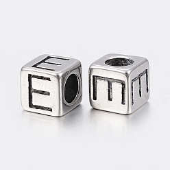 Antique Silver 304 Stainless Steel Large Hole Letter European Beads, Cube with Letter.E, Antique Silver, 8x8x8mm, Hole: 5mm