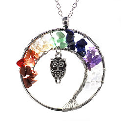 Mixed Stone Natural Gemstone Chip Owl with Tree of Life Pendant Necklaces, Curb Chain Necklace for Women, 20-7/8 inch(53cm)