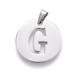 Letter G 201 Stainless Steel Pendants, Flat Round with Letter, Stainless Steel Color, Letter.G, 24.5x19.7x1.3mm, Hole: 4x3mm