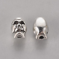 Antique Silver Metal Tibetan Style Alloy Beads, Cadmium Free & Lead Free, Skull Beads for Halloween, Antique Silver, about 6mm wide, 8mm long, 7.5mm thick, hole: 2.5mm
