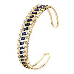 Dark Blue Cubic Zirconia Rectangle Open Cuff Bangle, Real 18K Gold Plated Brass Jewelry for Women, Nickel Free, Dark Blue, Inner Diameter: 2-1/2 inch(6.2cm)