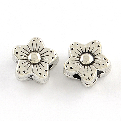 Antique Silver Tibetan Style Alloy Flower Beads, Cadmium Free & Lead Free, Antique Silver, 9x9x5mm, Hole: 2mm, about 750pcs/1000g
