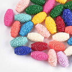 Mixed Color Synthetic Coral Beads, Dyed, Oval with Flower, Mixed Color, 16.5x9mm, Hole: 1~2mm