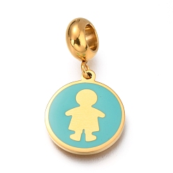 Golden Ion Plating(IP) 304 Stainless Steel European Dangle Charms, Large Hole Pendants, with Enamel, Flat Round with Boy, Cyan, Golden, 25.5mm, Hole: 4mm, Pendant: 16x13.5x1mm