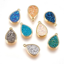 Mixed Color Resin Imitation Druzy Crystal Pendants, with Brass Findings, teardrop, Golden, Mixed Color, 16.5x10.5x4~5mm, Hole: 1mm