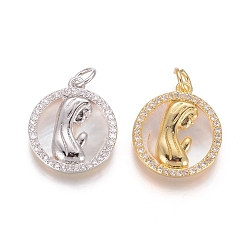 Mixed Color Brass Pendants, with Micro Pave Cubic Zirconia, Shell and Jump Rings, Flat Round with Virgin Mary, Clear, Mixed Color, 17.5x15.5x2.5mm, Hole: 3.5mm