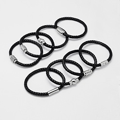 Noir Tressés mixte bracelets de cordon en cuir, avec 304 fermoirs magnétiques en acier inoxydable, noir, 200x6mm