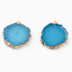 Dodger Blue Resin Pendants, with Edge Light Gold Plated Iron Loops, Flat Round, Dodger Blue, 35x31~32x4.5mm, Hole: 1.6mm