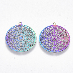 Rainbow Color Ion Plating(IP) 201 Stainless Steel Filigree Pendants, Etched Metal Embellishments, Kaleidoscope, Rainbow Color, 22x20x0.3mm, Hole: 1.2mm