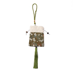 Olive Brocade Sachet Bag, Drawstring Floral Embroidered Bag, Rectangle with Tassel, Olive, 42cm, Bag: 12.5x8.8x0.2cm, Bead: 0.8~0.9cm, Tassel: 12.5x1cm