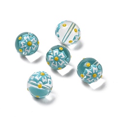 Turquoise Pâle Brins de perles en verre émaillé faits à la main, ronde avec des fleurs, turquoise pale, 13x12mm, Trou: 1.2mm, Environ 30 pcs/chapelet