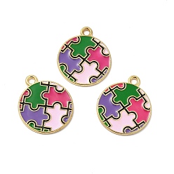 Colorful Alloy Enamel Pendants, Flat Round with Autism Puzzle Pattern Charm, Golden, Colorful, 23x20x1mm, Hole: 2mm