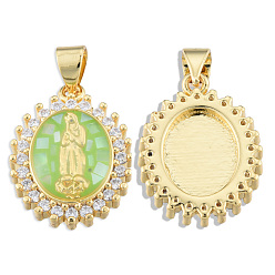 Light Green Brass Micro Pave Clear Cubic Zirconia Pendants, with Enamel and Shell, Real 18K Gold Plated, Nickel Free, Oval with Virgin Mary, Light Green, 19.5x14.5x4mm, Hole: 3x4mm