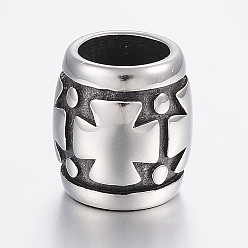 Antique Silver 304 Stainless Steel Beads, Large Hole Beads, Barrel with Cross, Antique Silver, 14x13mm, Hole: 8.5mm