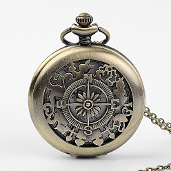 Antique Bronze Alloy Compass Shape Pocket Watches, Quartz Watch, with Iron Chain, Antique Bronze, 31.4 inch